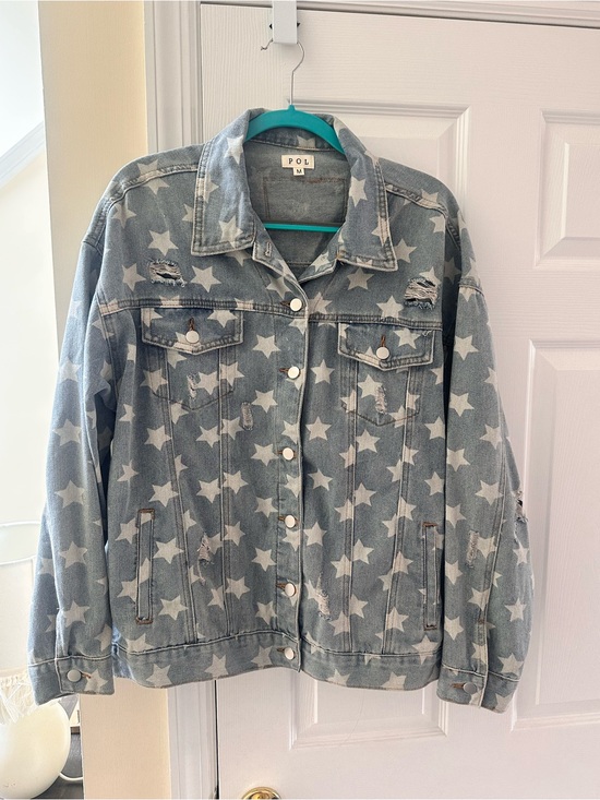 POL Jackets & Blazers - POL Light Wash Denim Jacket with White Star Print